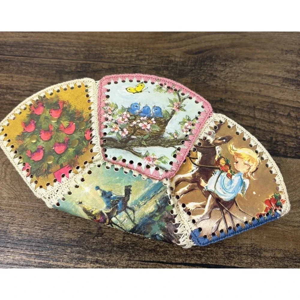 Vintage Handmade Stitched Ephemera Greeting Card Basket Christmas Bowl